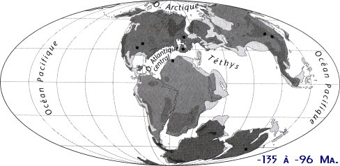Reconstitution paléogéographique de la Terre de -135 à -96MA. (Crétacé inf.)