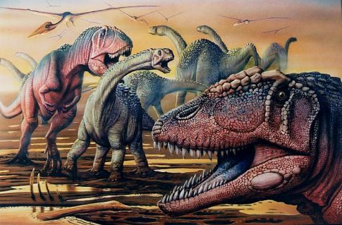 Un Aegyptosaurus essaye de se défendre face à deux Carcharodontosaurus affamés